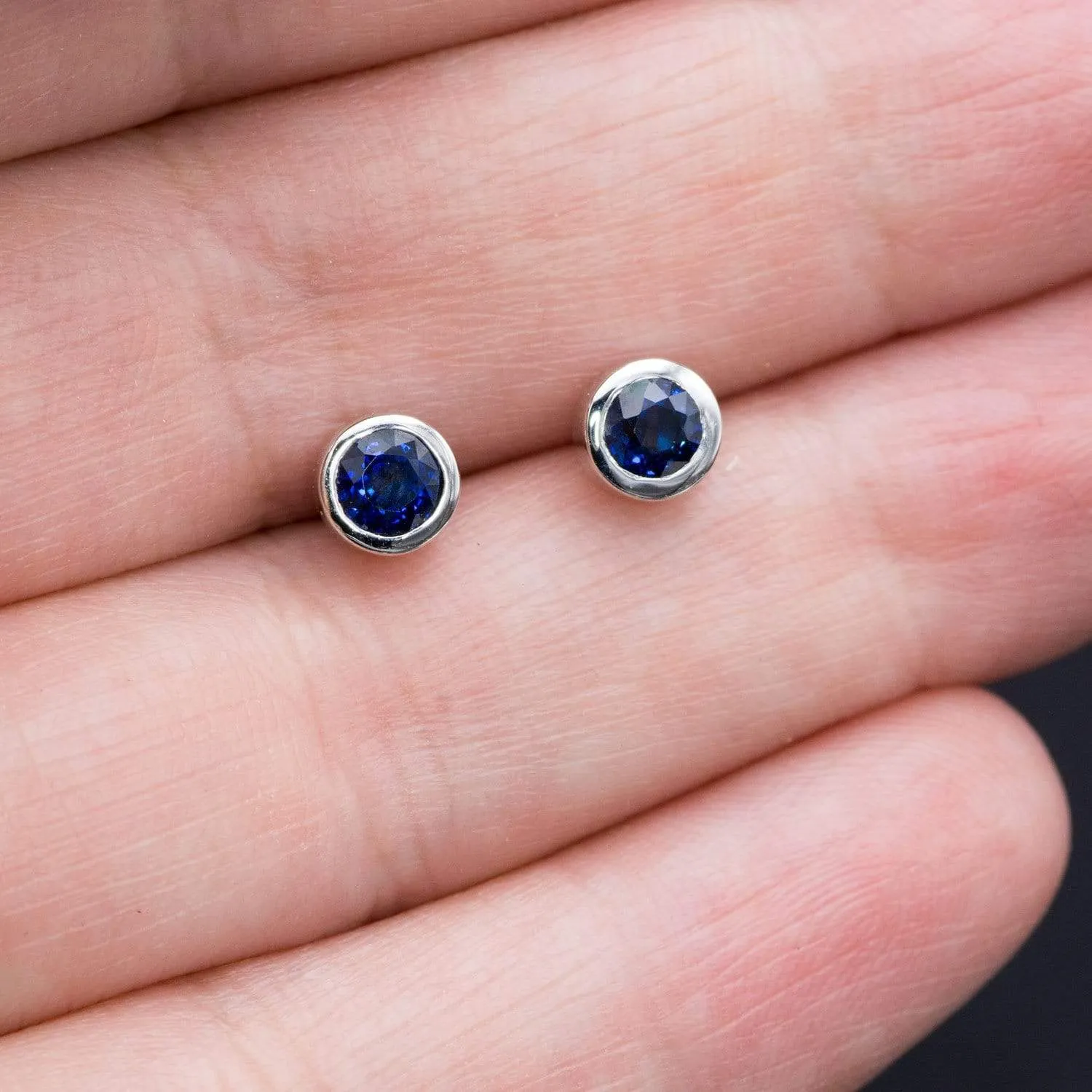 Simple Blue Sapphire Bezel Set Stud Earrings