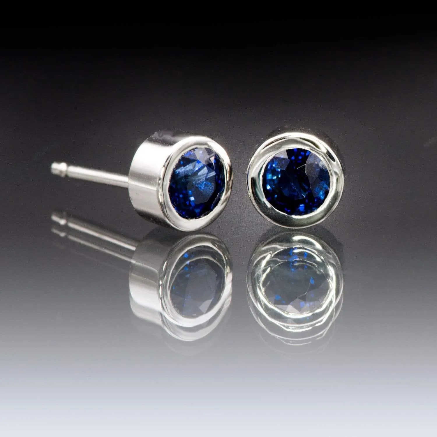 Simple Blue Sapphire Bezel Set Stud Earrings