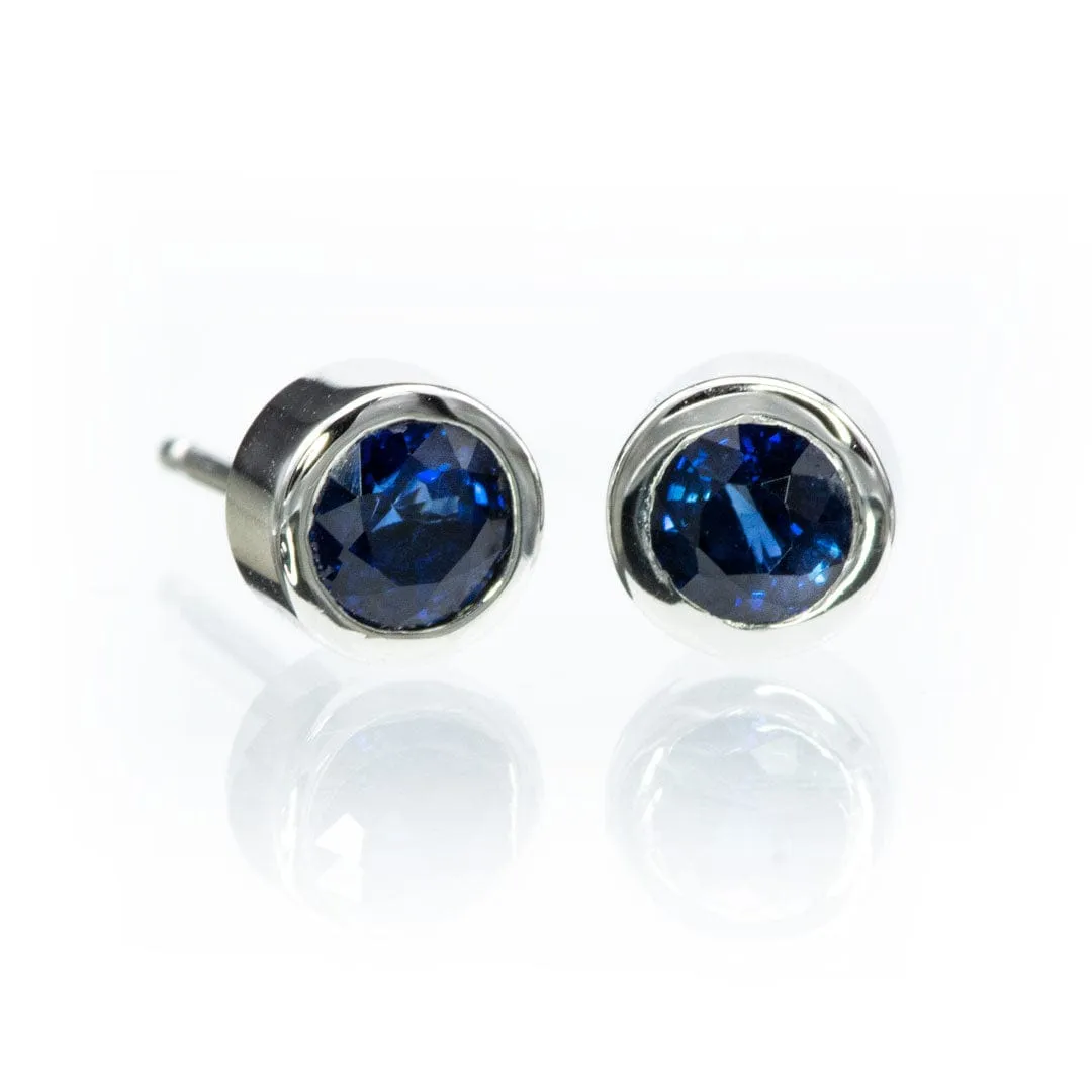 Simple Blue Sapphire Bezel Set Stud Earrings