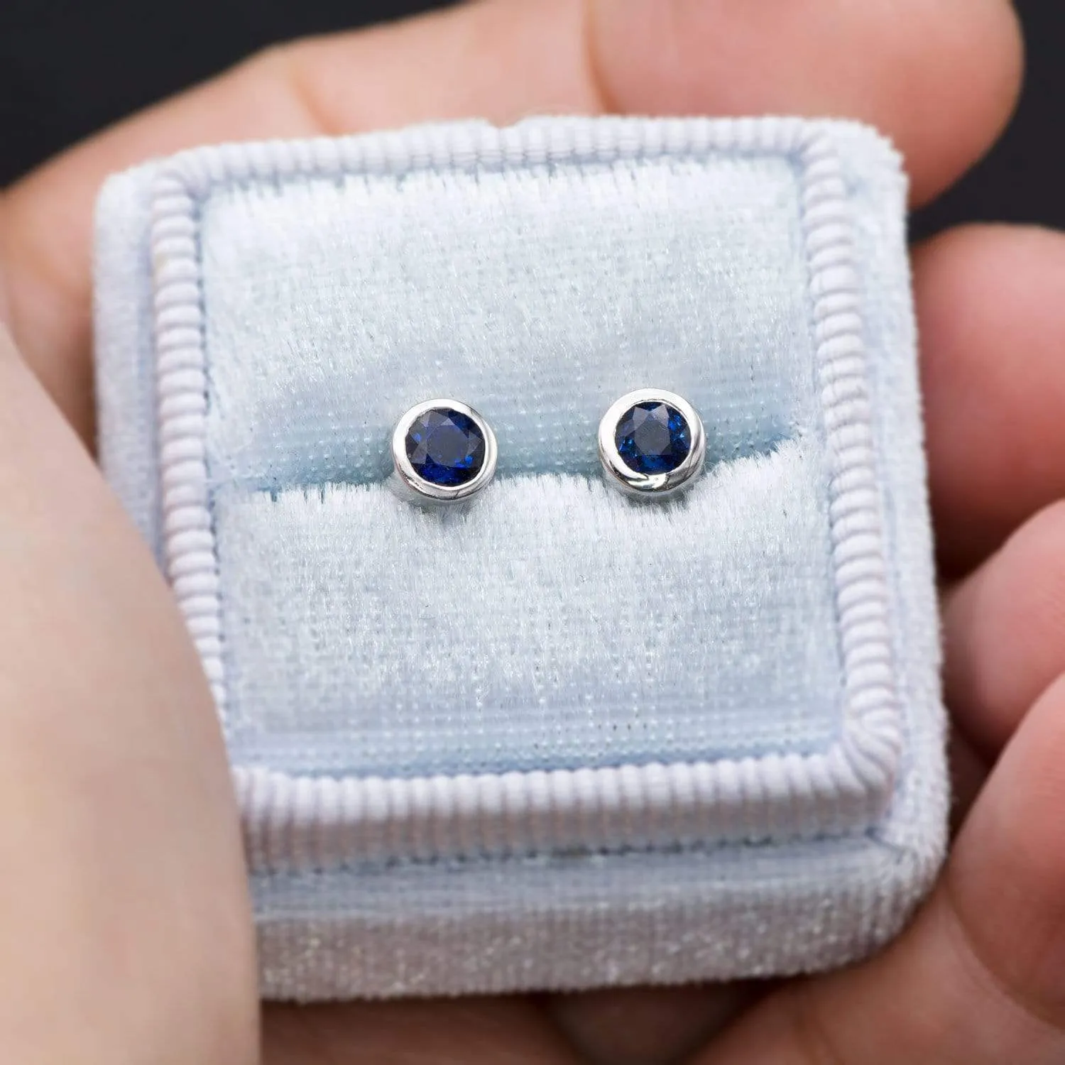 Simple Blue Sapphire Bezel Set Stud Earrings