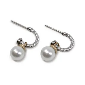 Stainless Steel Two Tone Cable Pearl Ball Earrings