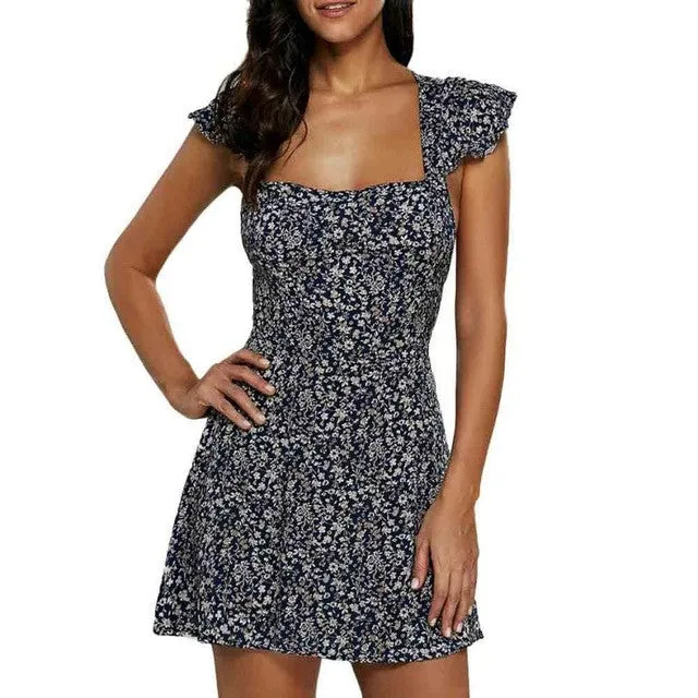 Strapless Vintage Floral Print  Dress Women  Boho Beach Sexy A-Line Dresses Floral Straps Sleeveless Mini Dress #63 GS