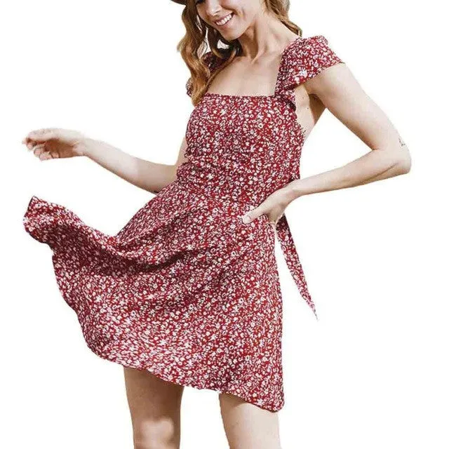 Strapless Vintage Floral Print  Dress Women  Boho Beach Sexy A-Line Dresses Floral Straps Sleeveless Mini Dress #63 GS