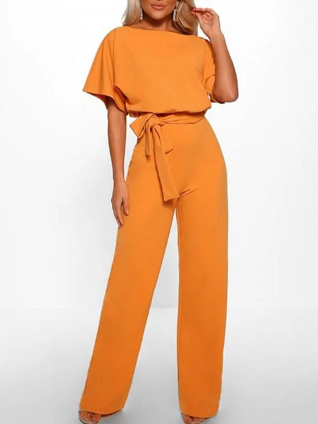 Stylish Belted Long Jumpsuit with Wide Legs and Short Sleeves for Women