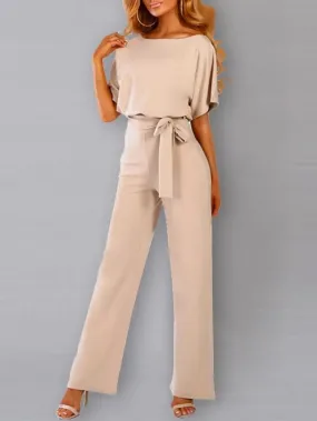 Stylish Belted Long Jumpsuit with Wide Legs and Short Sleeves for Women