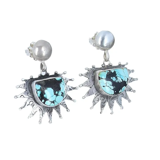 Sun Moon Dramatic Blue Black Turquoise Earrings Dangles Spiral