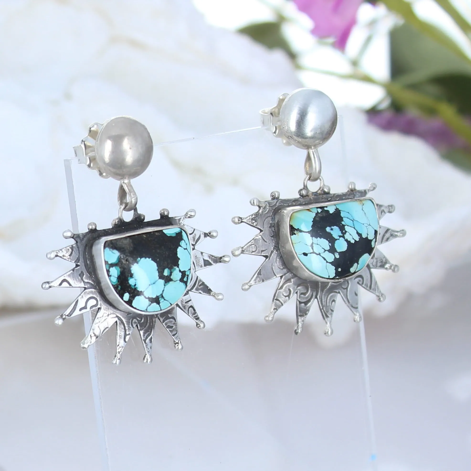 Sun Moon Dramatic Blue Black Turquoise Earrings Dangles Spiral