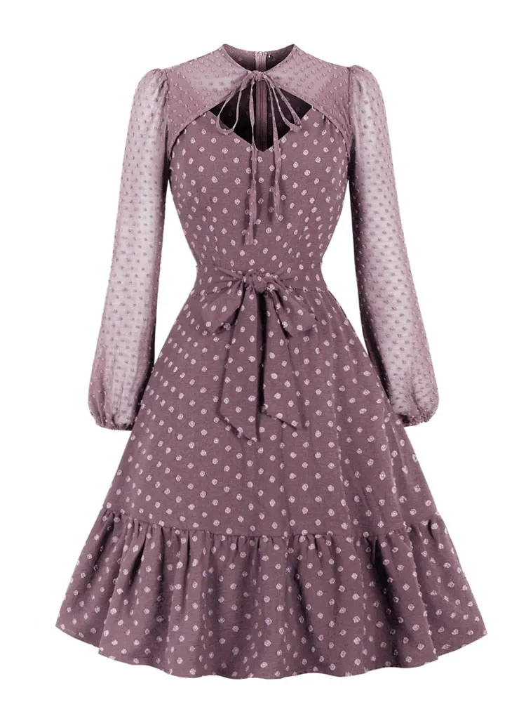 Tie Neck Cut Out Front Bishop Sleeve Swiss Dot Beach Outfits Belted A-Line Party Elegant Dresses