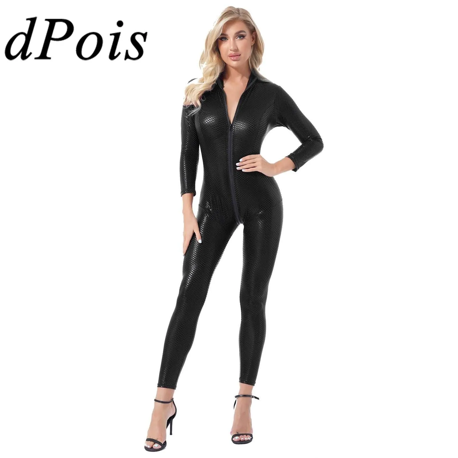 Unleash Your Dark Side with Our Patent Leather Catsuit Skinny Jumpsuit for Female Clubwear, Pole Dance and Stage Show Costume