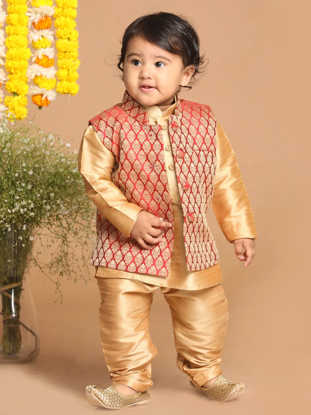 VASTRAMAY Boys Gold-Toned & Maroon Woven Design Nehru Jackets