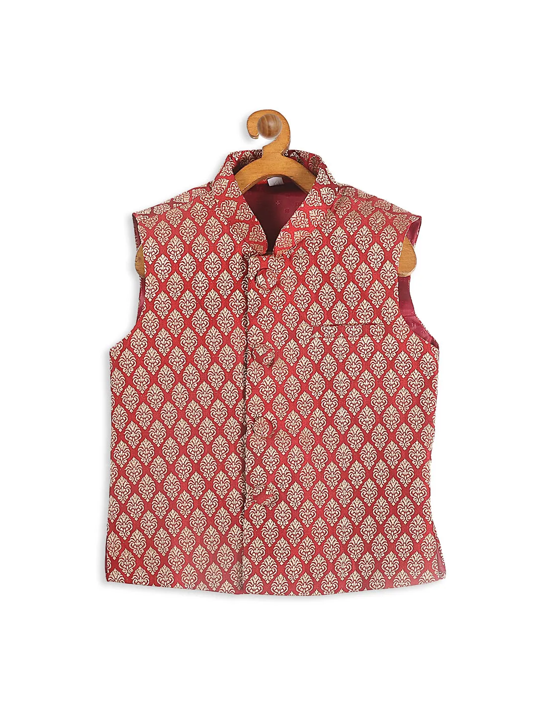 VASTRAMAY Boys Gold-Toned & Maroon Woven Design Nehru Jackets