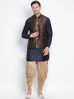 VASTRAMAY Men's Dark Blue Cotton Silk Blend Ethnic Jacket, Kurta and Dhoti Pant Set