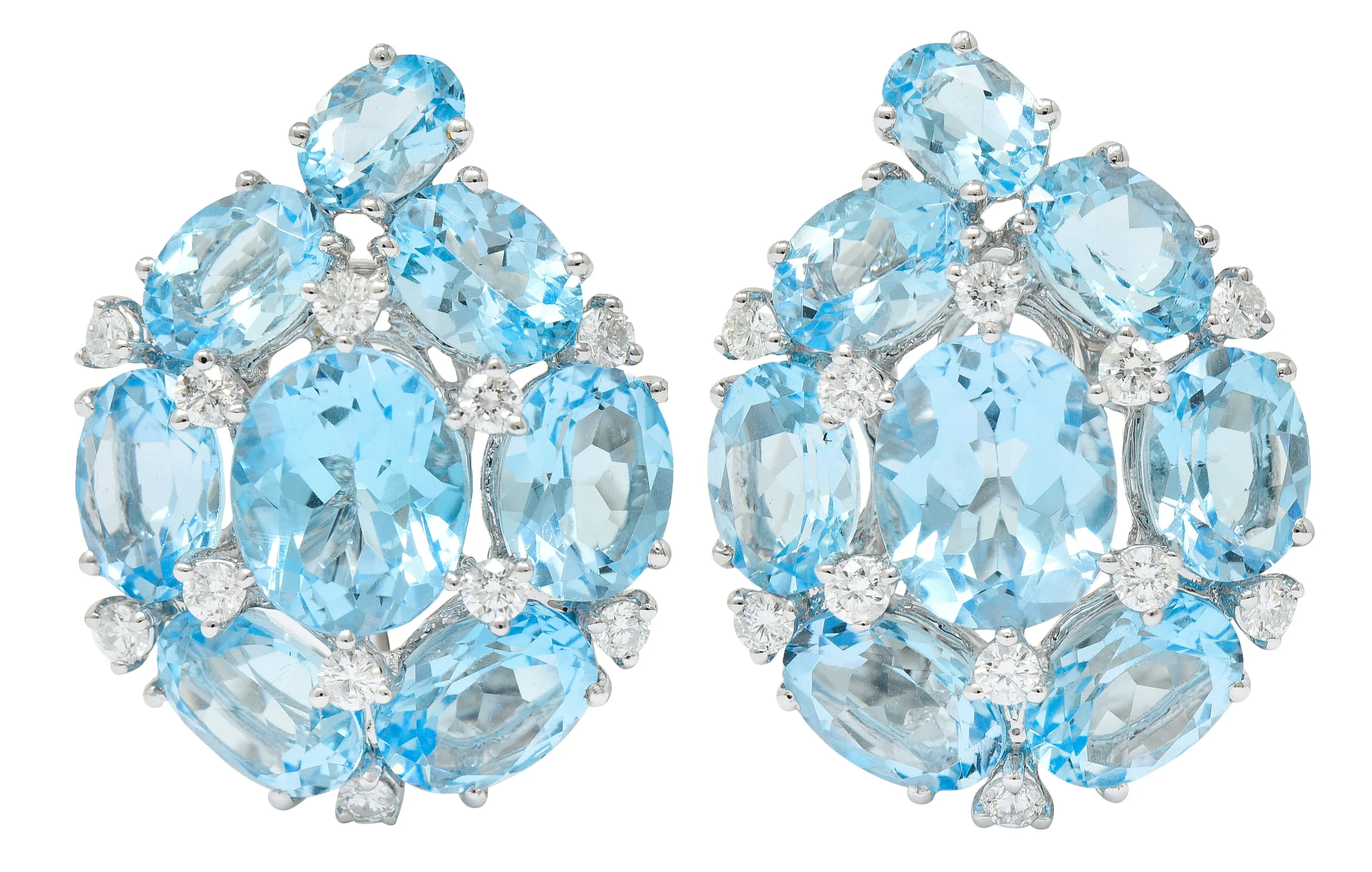 Vintage Blue Topaz Diamond 18 Karat White Gold Cluster Earrings