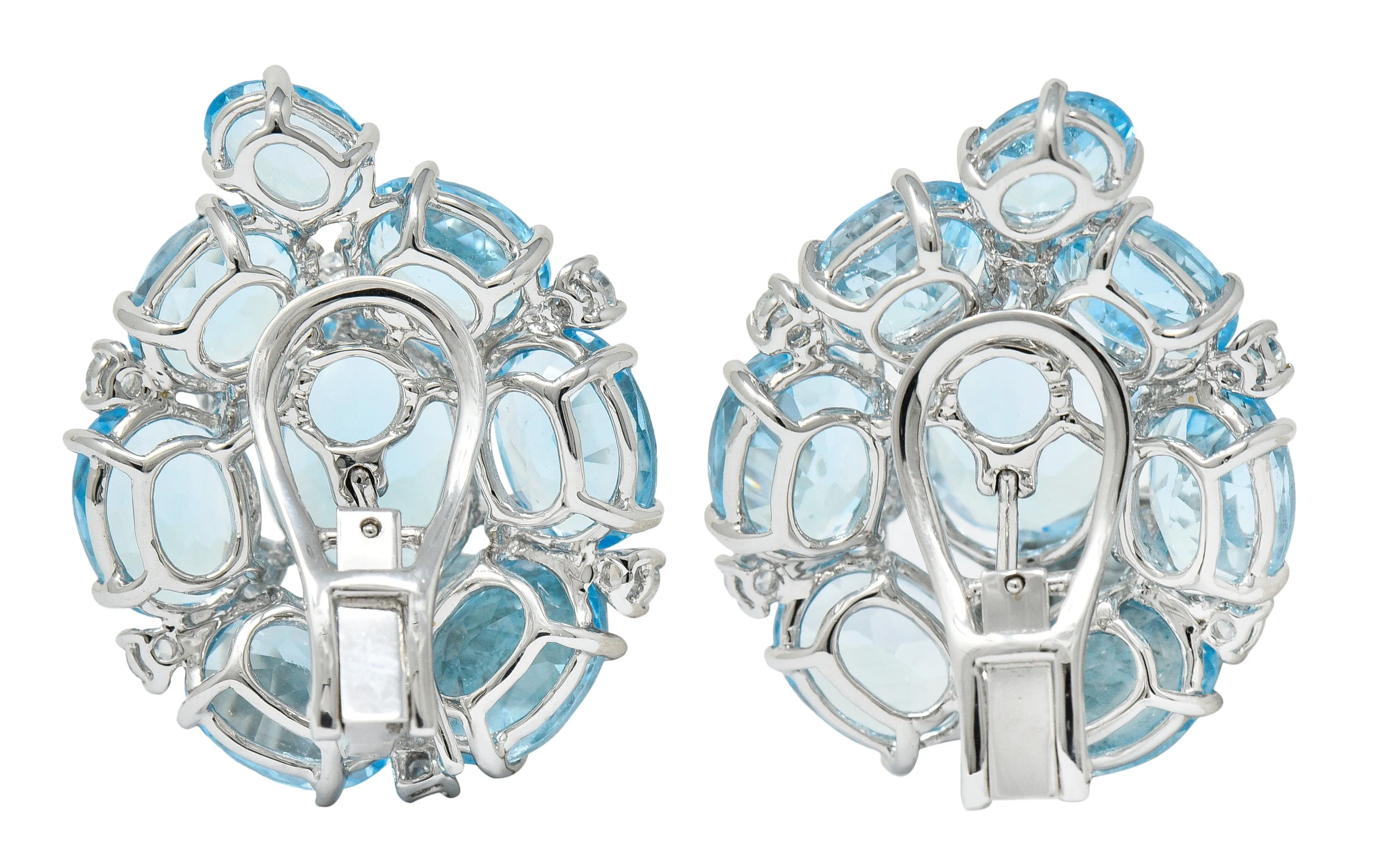 Vintage Blue Topaz Diamond 18 Karat White Gold Cluster Earrings