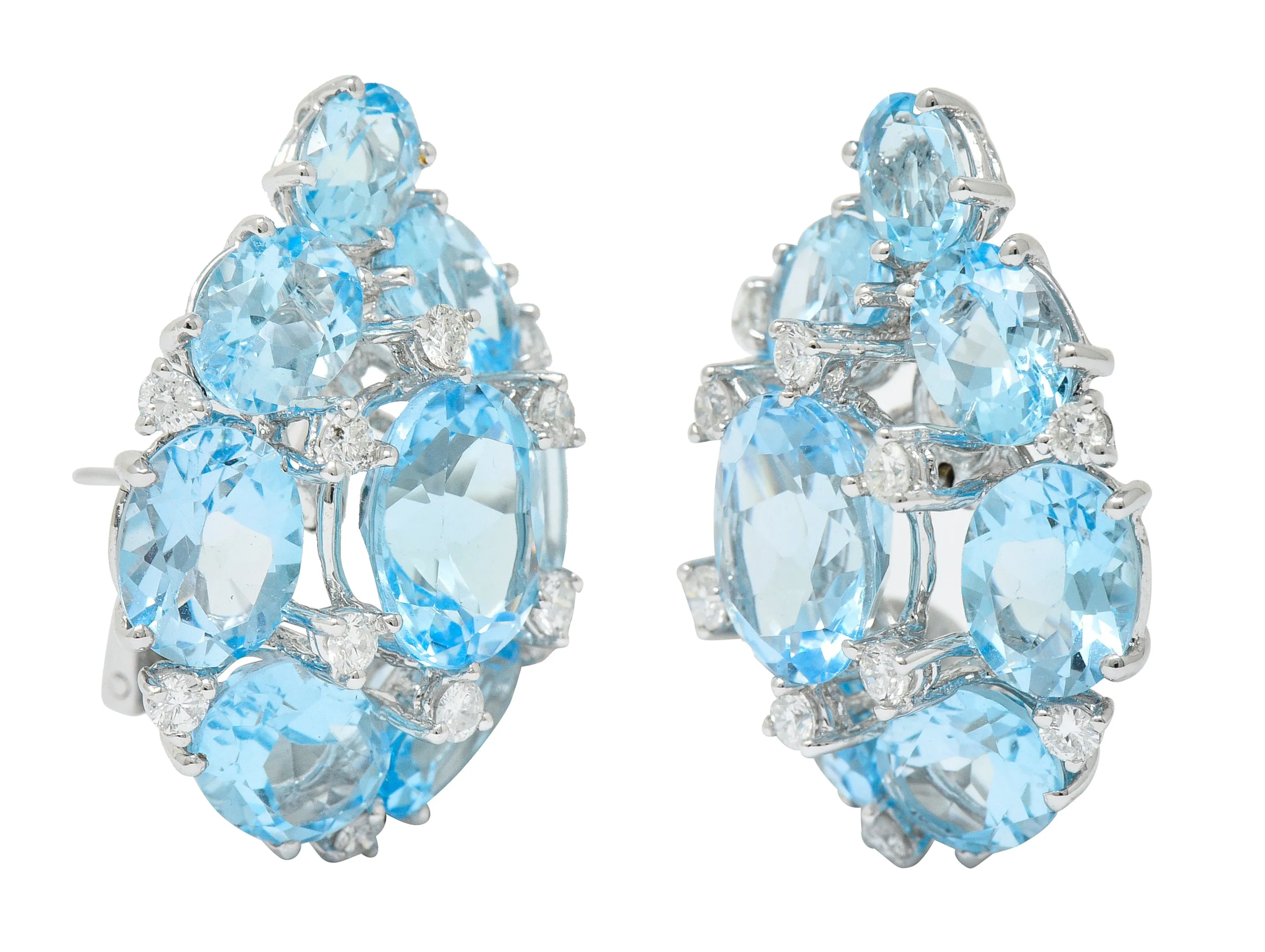 Vintage Blue Topaz Diamond 18 Karat White Gold Cluster Earrings