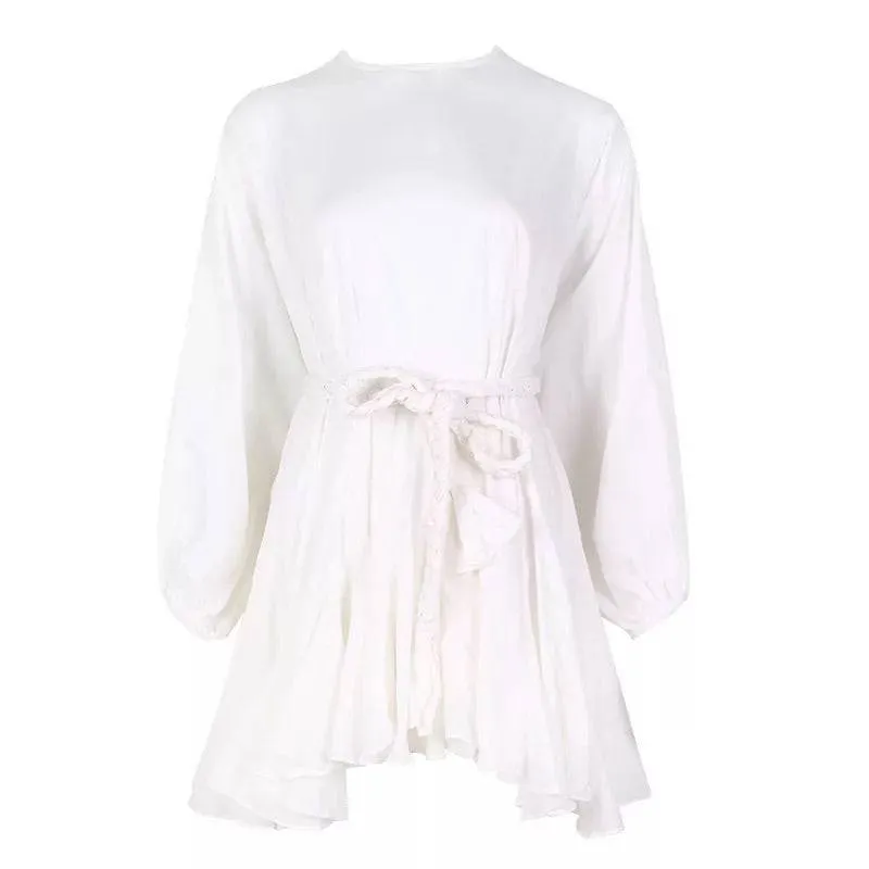 White Big Sleeve Robe Waist Tie Short Dress