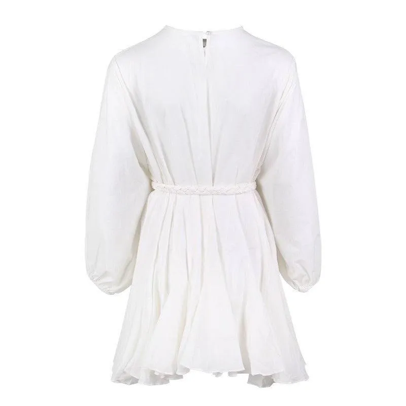 White Big Sleeve Robe Waist Tie Short Dress