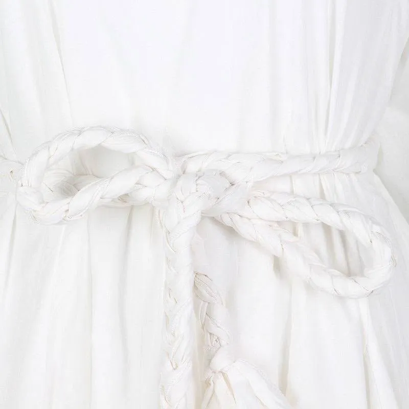 White Big Sleeve Robe Waist Tie Short Dress