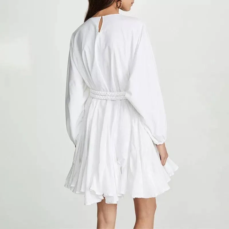 White Big Sleeve Robe Waist Tie Short Dress