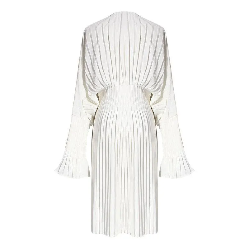 White Pleated Midi Flared Dress