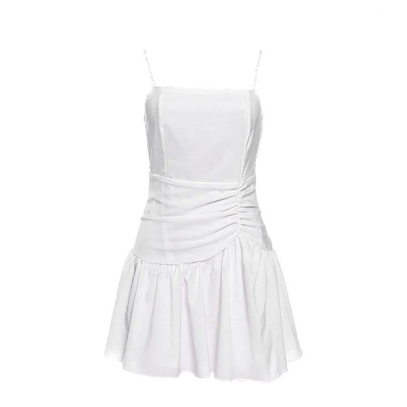 White Ruched Waist Flared Skirt Short Dress