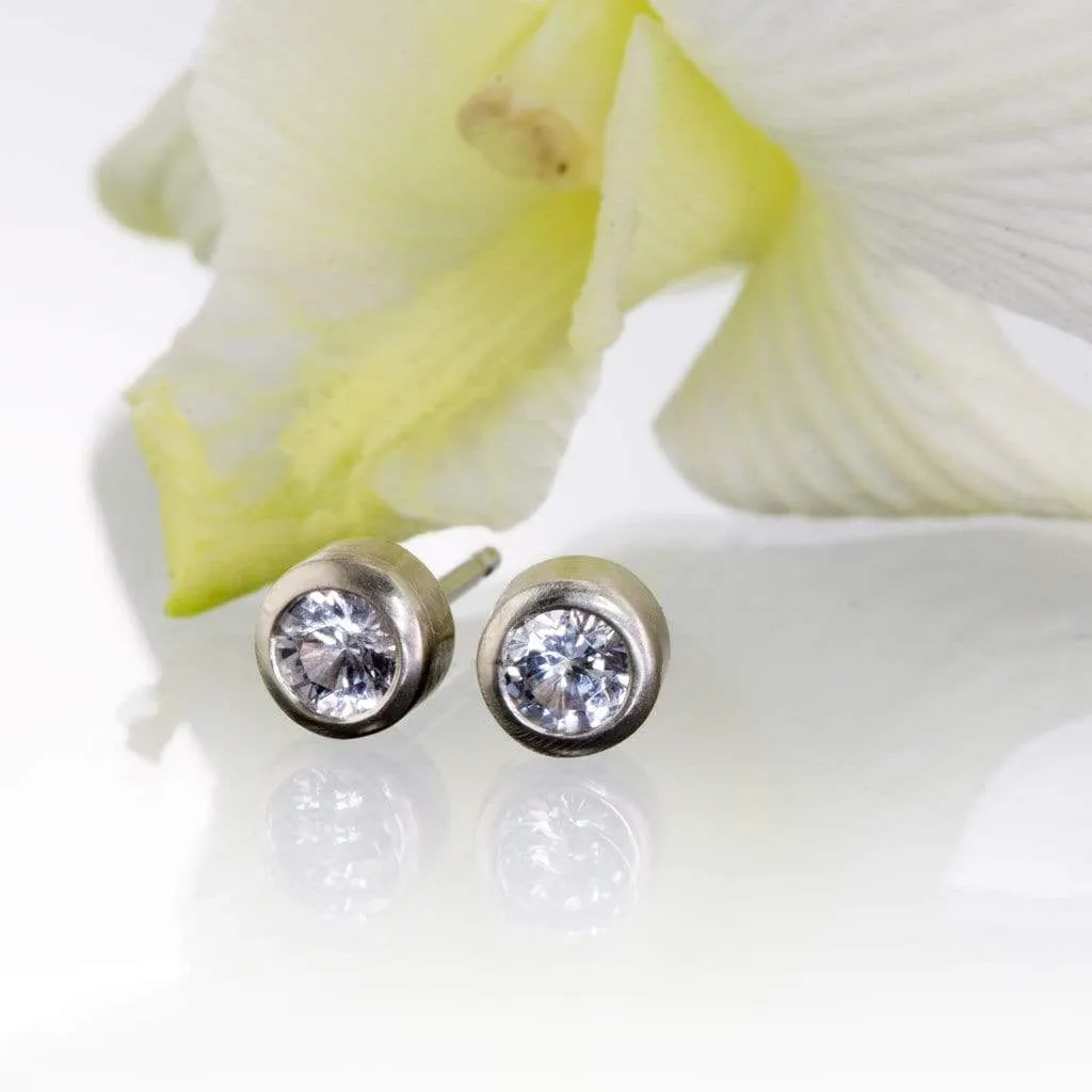 White Sapphire Gold or Platinum Bezel Stud Earrings