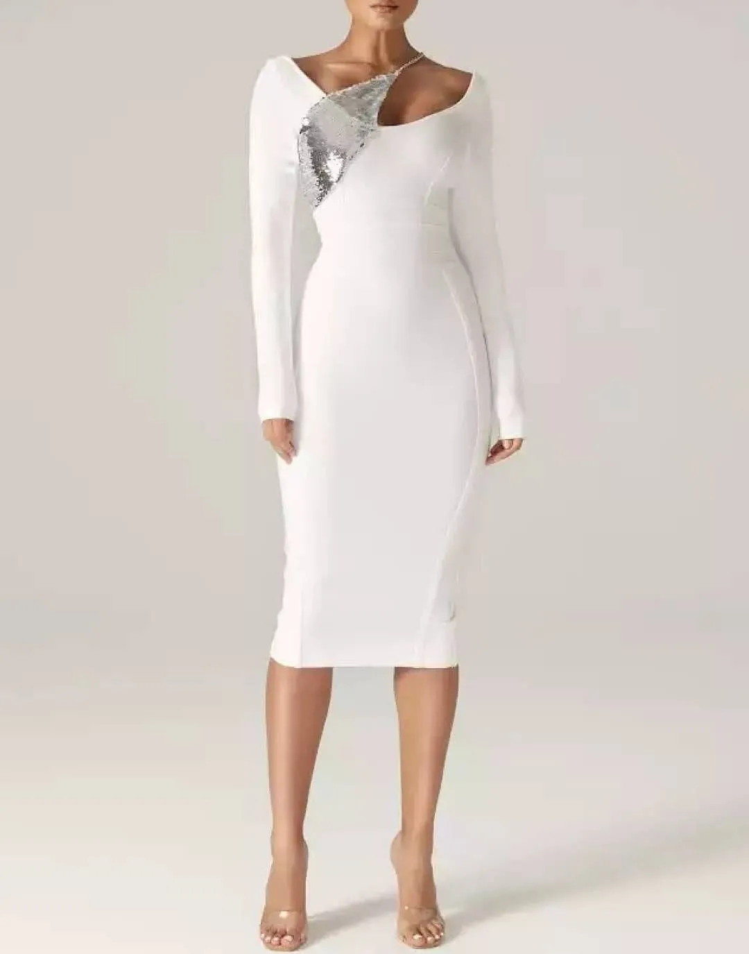 White Sequin Detailed Bandage Midi Dress