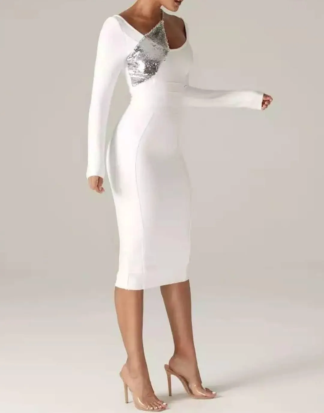 White Sequin Detailed Bandage Midi Dress