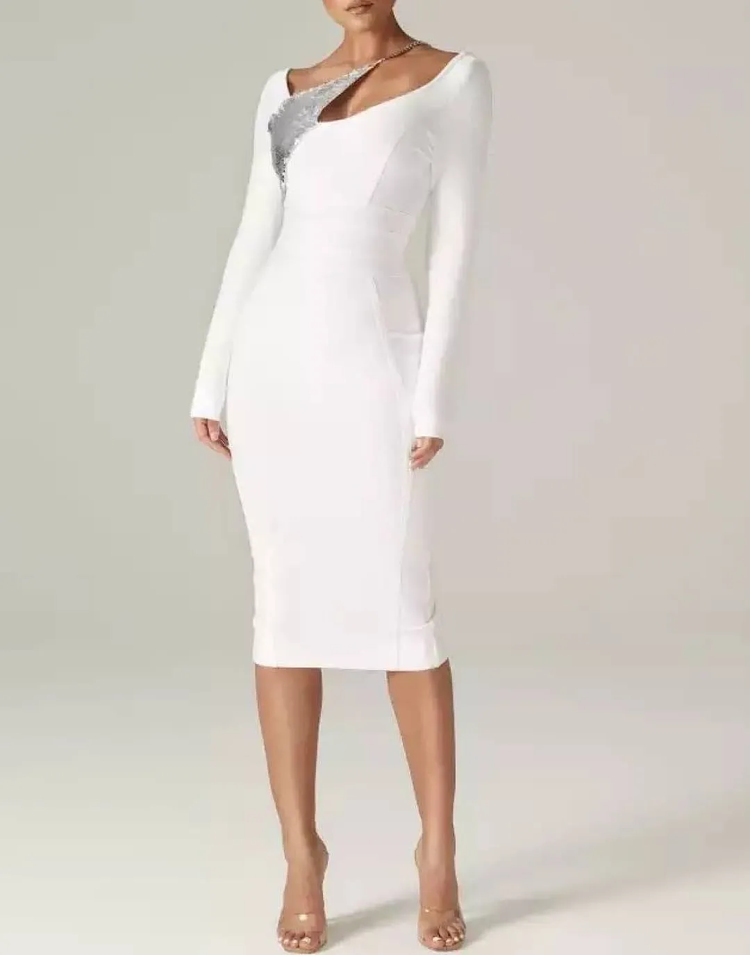 White Sequin Detailed Bandage Midi Dress