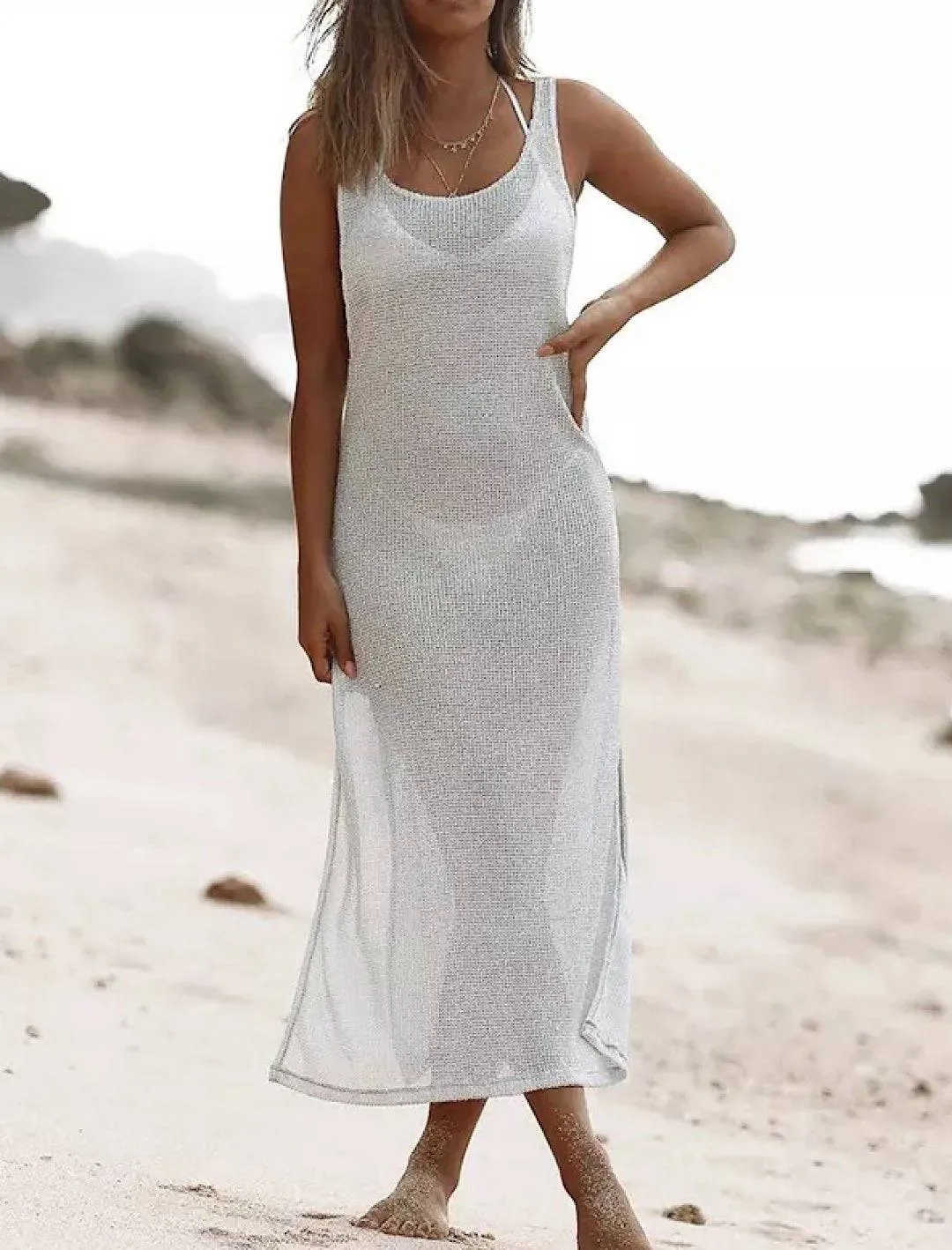 White Sheer Long Slit Dress