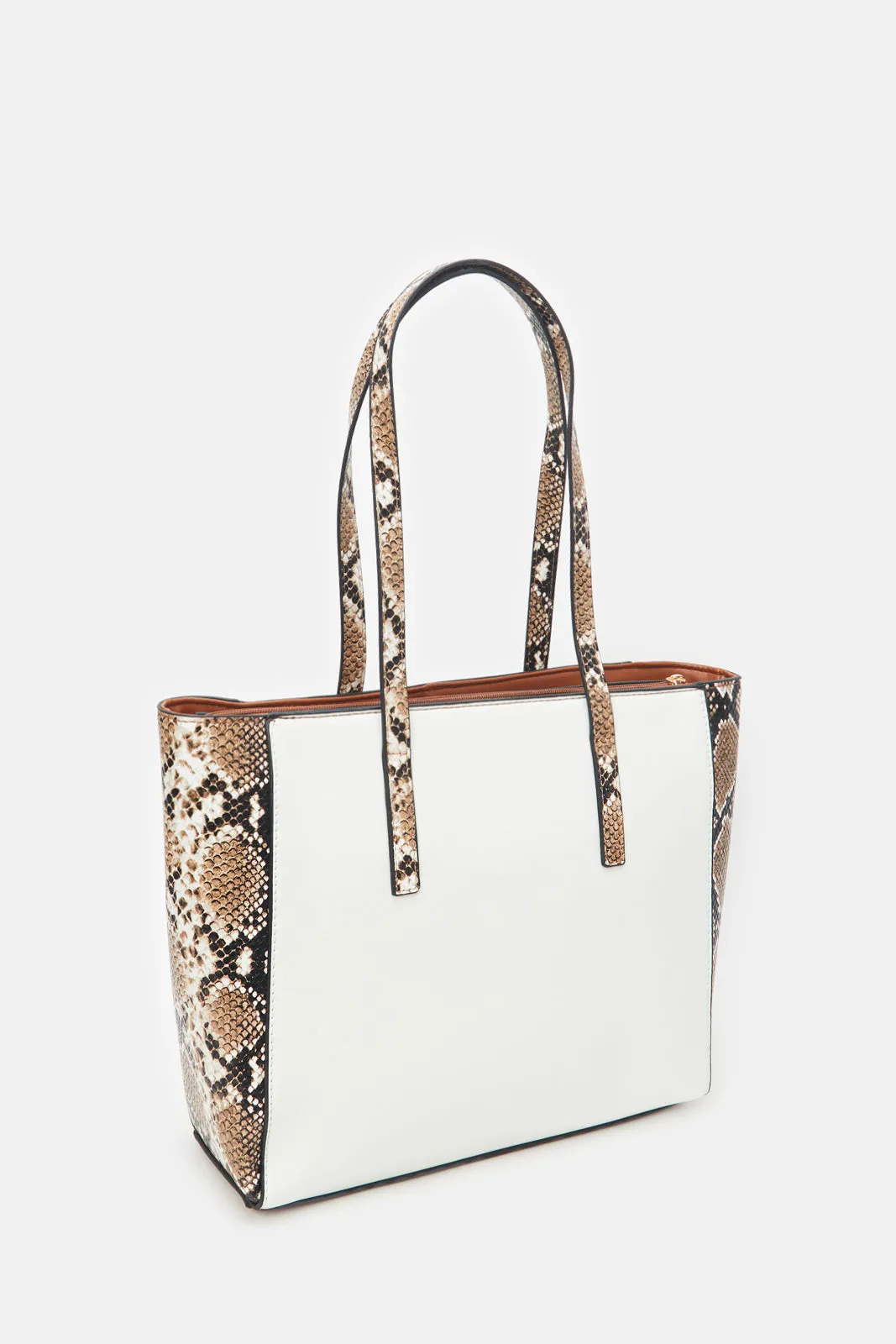 Women White And Tan Animal Print Tote Bag