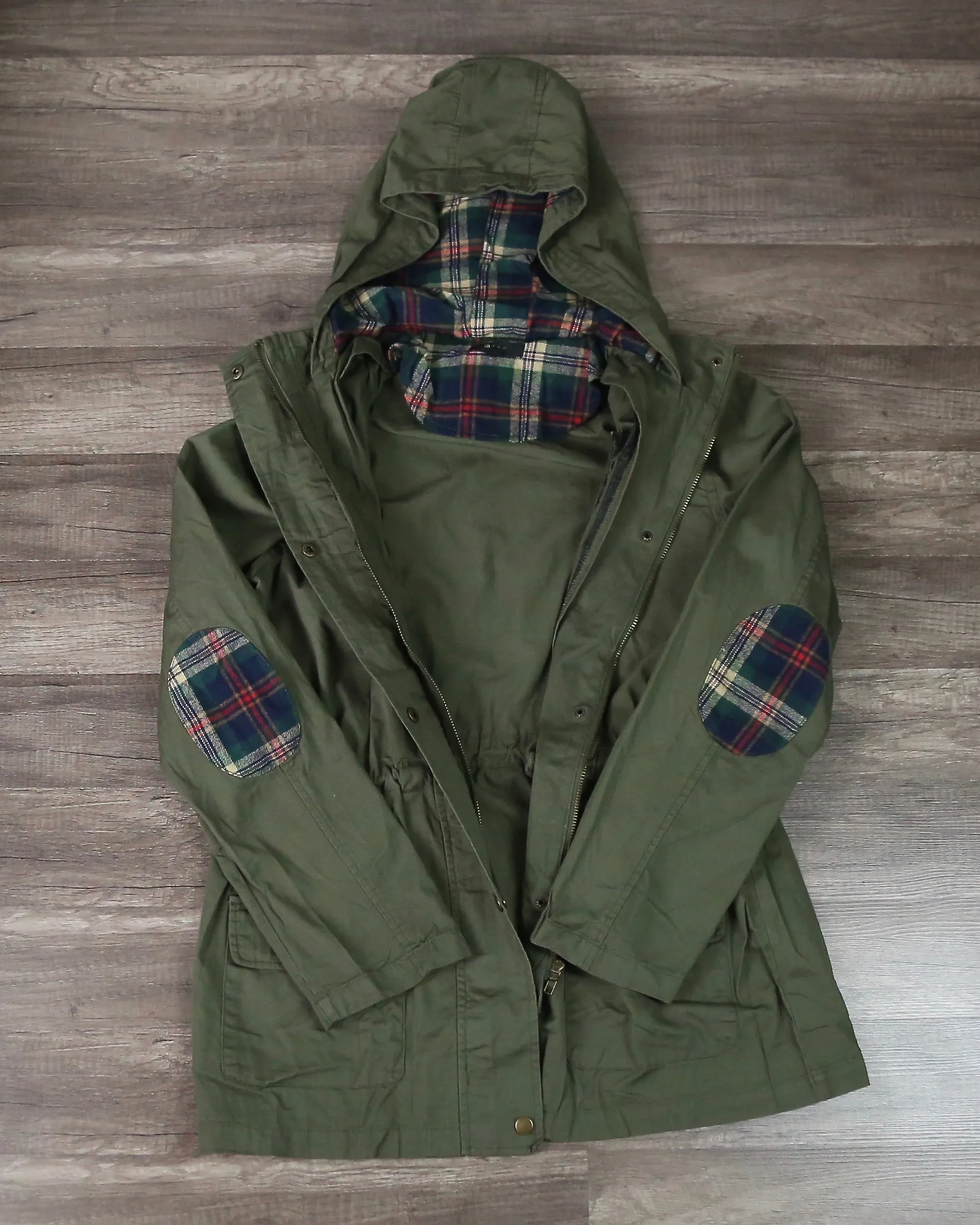 Womens Hooded Utility Parka Jacket with Drawstring Waist in Olive Green