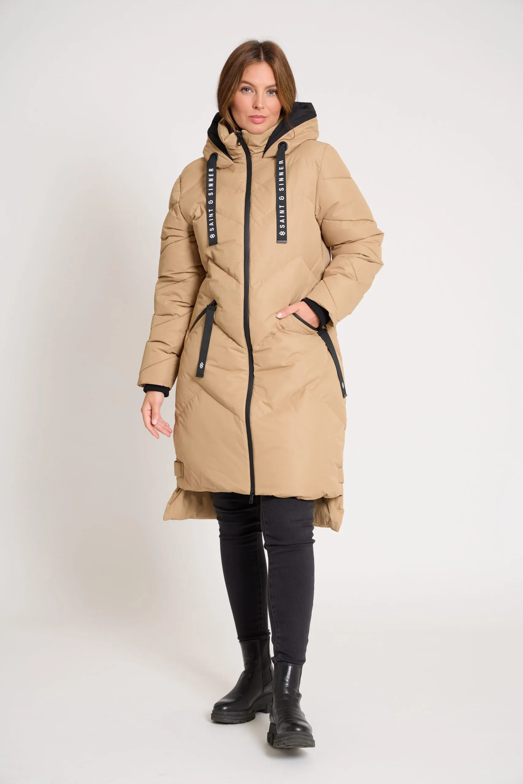 Women’s Long Padded Camel Hooded Winter Coat