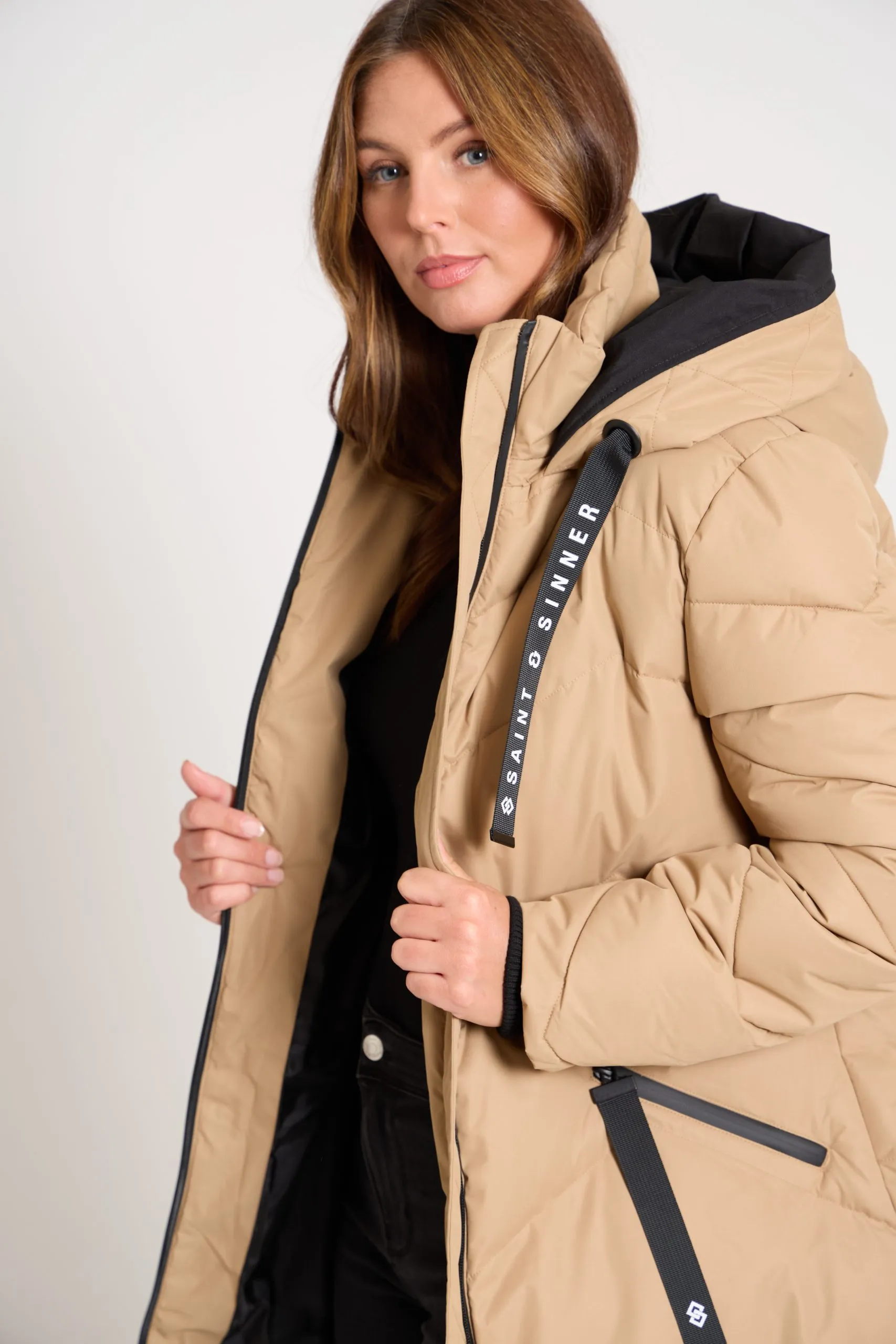 Women’s Long Padded Camel Hooded Winter Coat