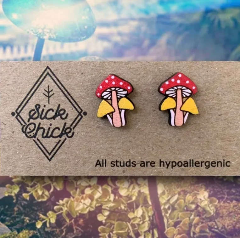 Wooden Stud Earrings Hand Painted Pair Sick Chick