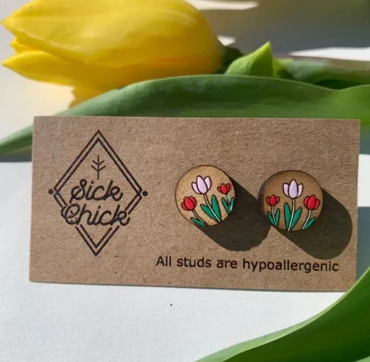 Wooden Stud Earrings Hand Painted Pair Sick Chick