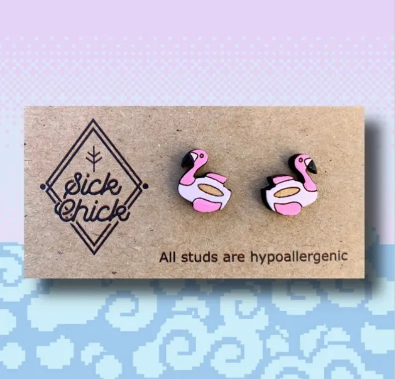 Wooden Stud Earrings Hand Painted Pair Sick Chick