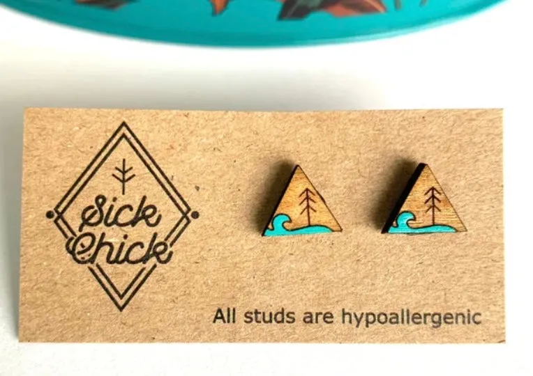 Wooden Stud Earrings Hand Painted Pair Sick Chick