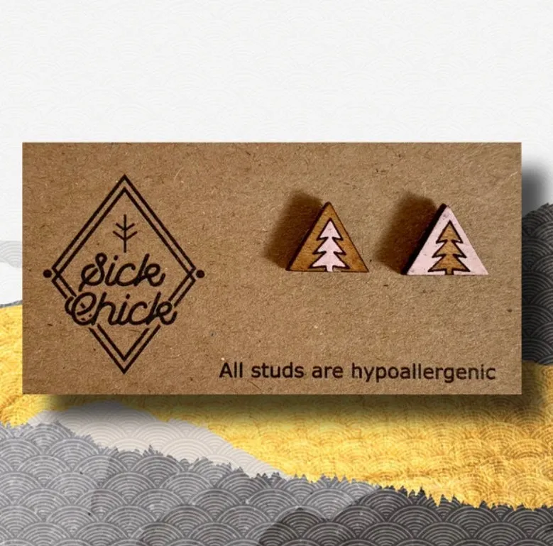 Wooden Stud Earrings Hand Painted Pair Sick Chick