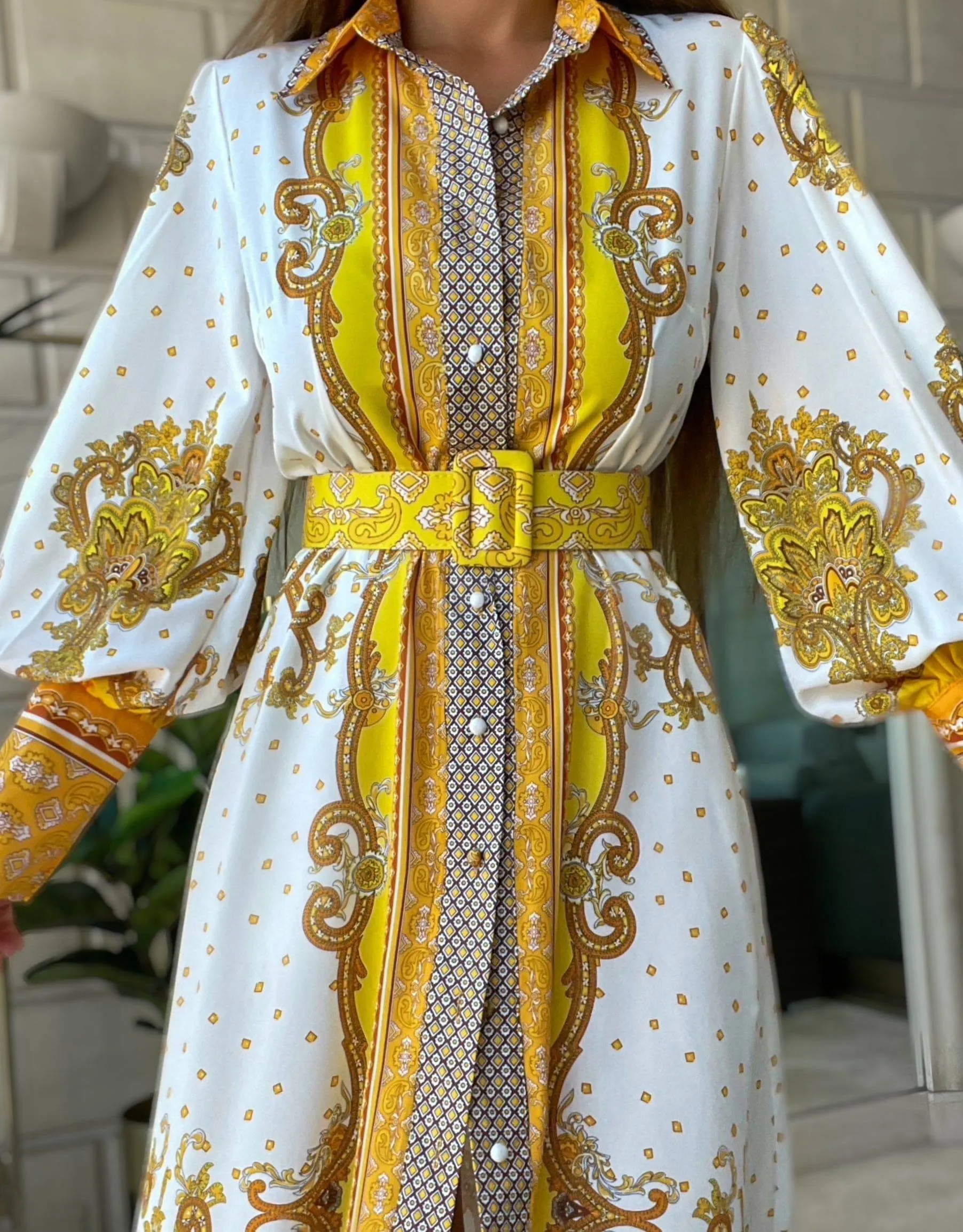 Yellow Ethnic Print Long Shirt Dress