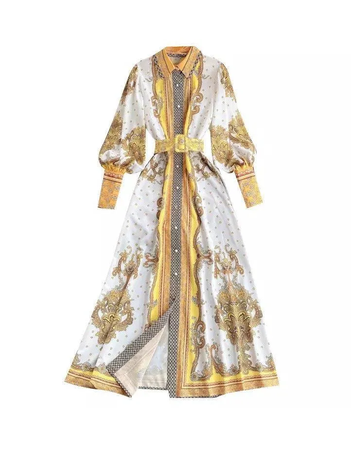 Yellow Ethnic Print Long Shirt Dress