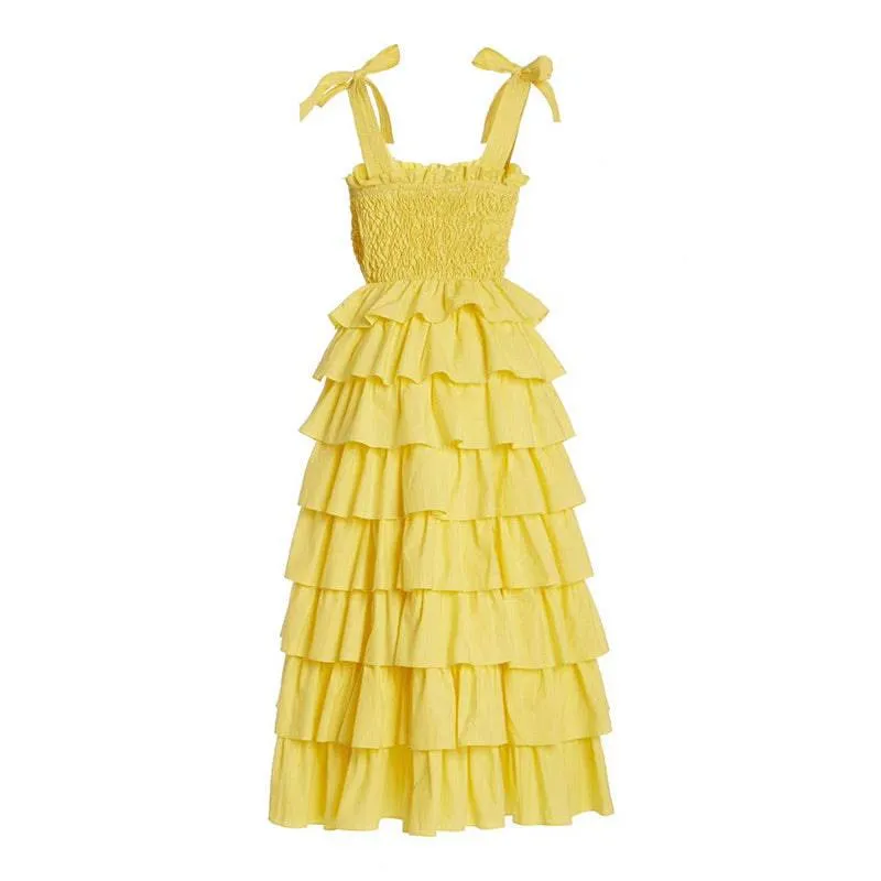 Yellow Multi Layer Bow Spaghetti Strap Maxi Dress