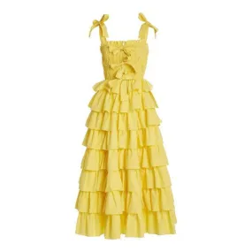 Yellow Multi Layer Bow Spaghetti Strap Maxi Dress