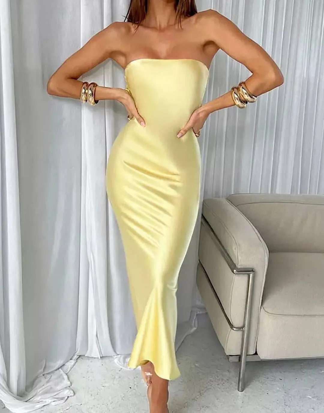 Yellow Satin Lower Back Strapless Dress